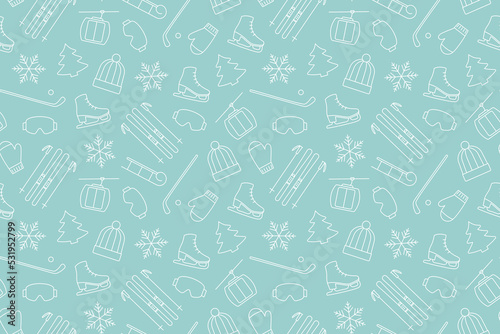 seamless pattern with winter sport related icons: skates, skis, cable car, hockey, sled, fir tree, snowflake, great for wrapping, textile, wallpaper, greeting card- vector illustration