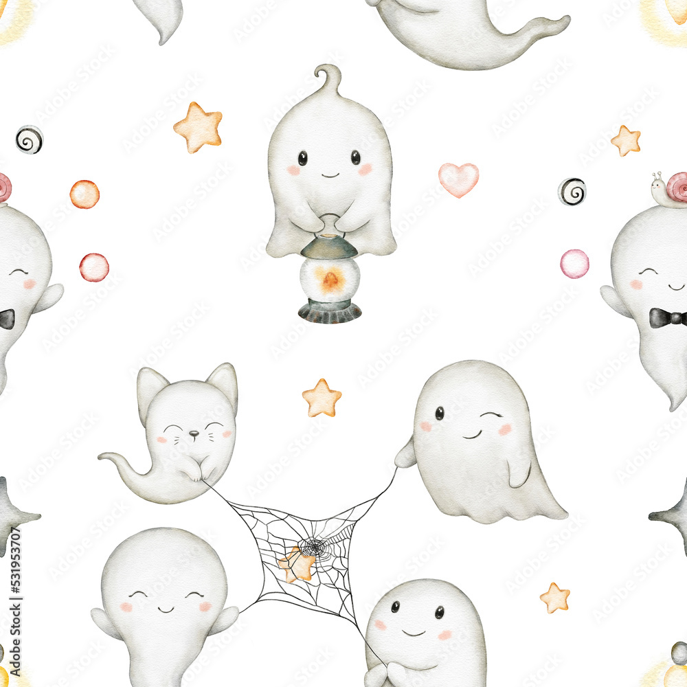 Halloween seamless pattern. Watercolor hand drawn illustrations for kids. Cute cartoon character, ghost, cat. Background for wallpaper, wrapping, textile, card