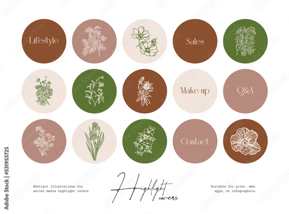 Set of hand drawn ink wildflower and botanical illustrations for social media highlight covers
Set of hand drawn ink wildflower and botanical illustrations for social media highlight covers