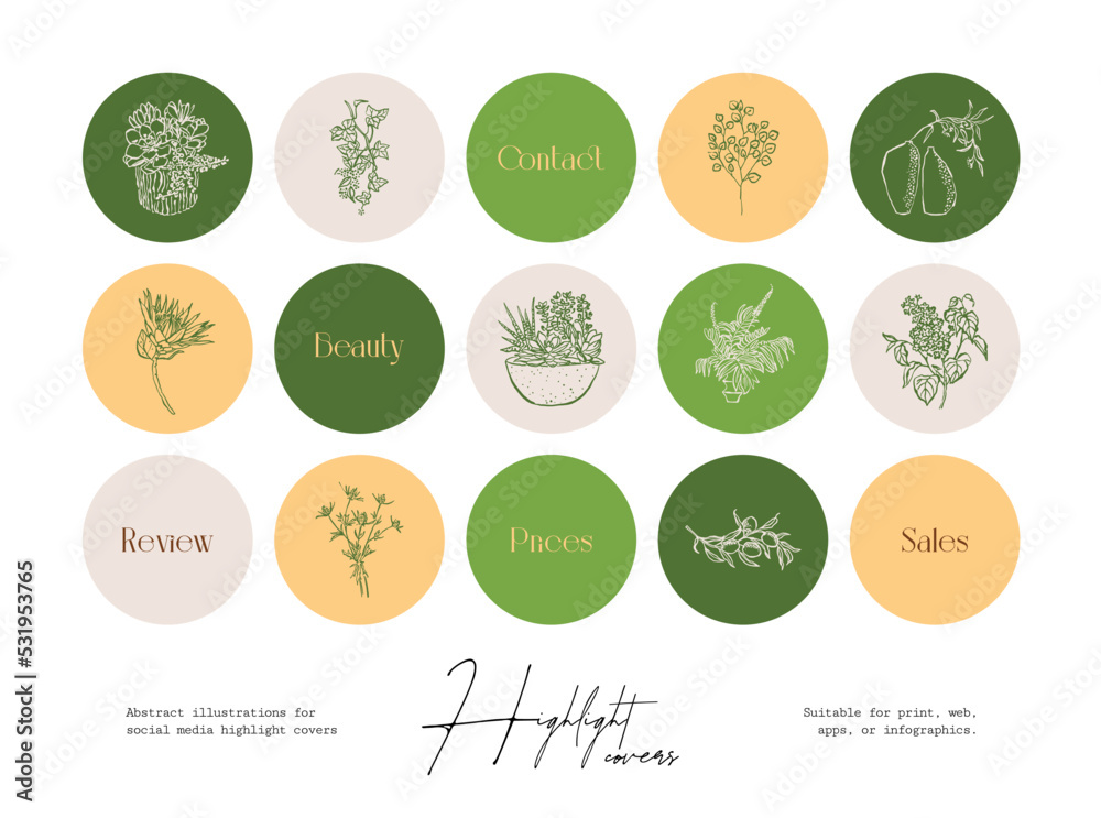 Set of hand drawn ink wildflower and botanical illustrations for social media highlight covers
Set of hand drawn ink wildflower and botanical illustrations for social media highlight covers