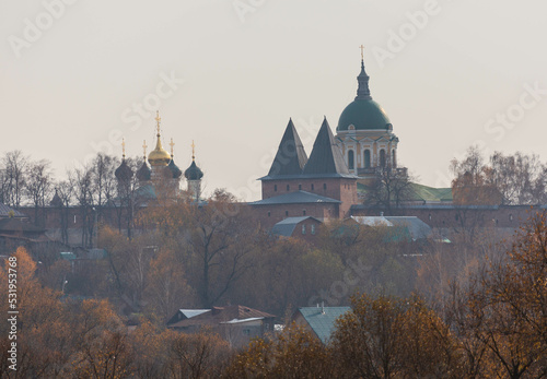 Aerial view of the town of Zaraisk with a dome of an Orthodox Church and Kremlin, Zaraisk, Moscow region, Russia