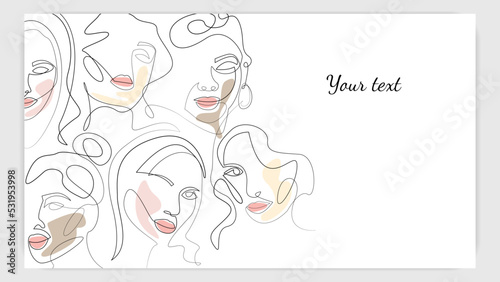 The face of women of different nationalities in one line on a white background. Banner design with copy space. Vector stock illustration.