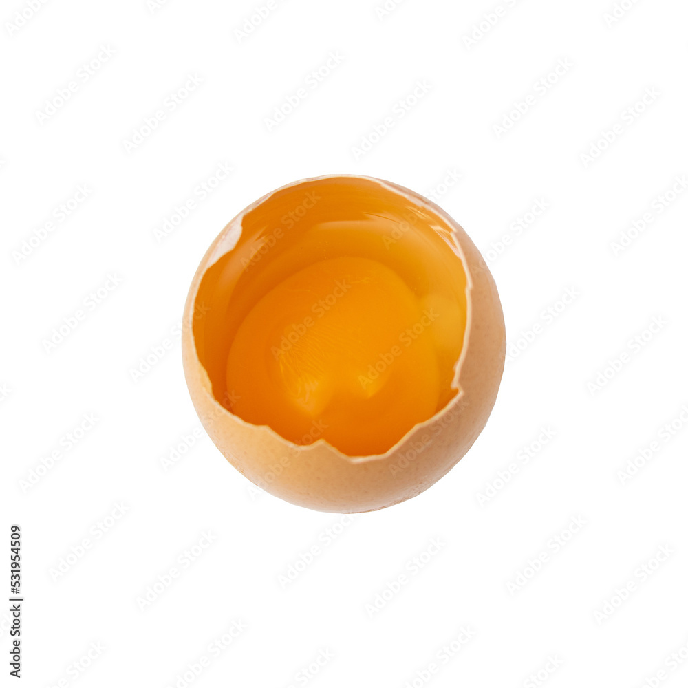Cracked raw egg organic yolk isolated on white