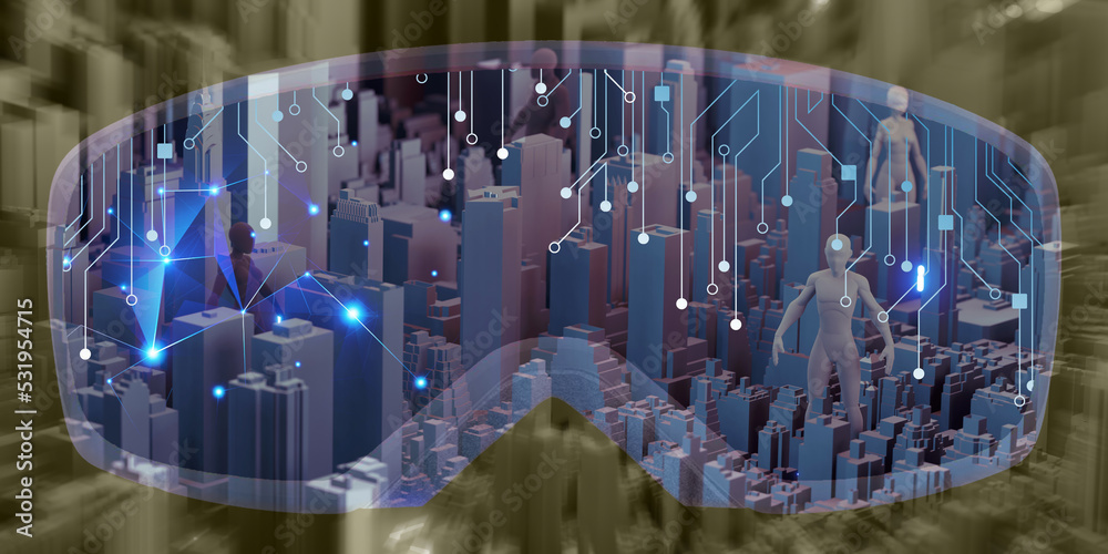 Virtual reality The Metaverse world through VR camera view Cities and people in a simulated