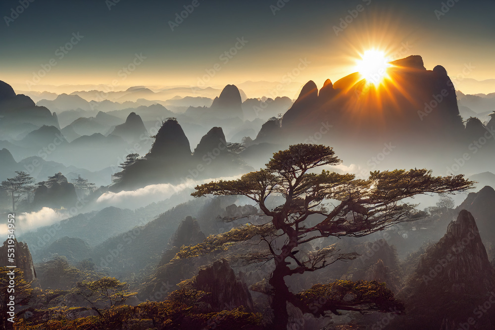 Early morning sunrise in the Huangshan mountains - obrazy, fototapety, plakaty 