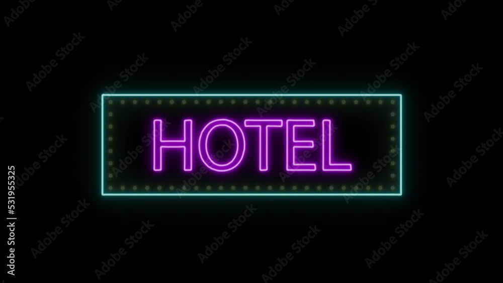 Neon Glowing Hotel, hostel neon sign fluorescent light glowing on banner background. Text hotel by neon lights sign. Decorative Led Light signboard neon hotel flickering, flash, blinking on dark night Neon Glowing Hotel, hostel neon sign fluorescent light glowing on banner background. Text hotel by neon lights sign. Decorative Led Light signboard neon hotel flickering, flash, blinking on dark night