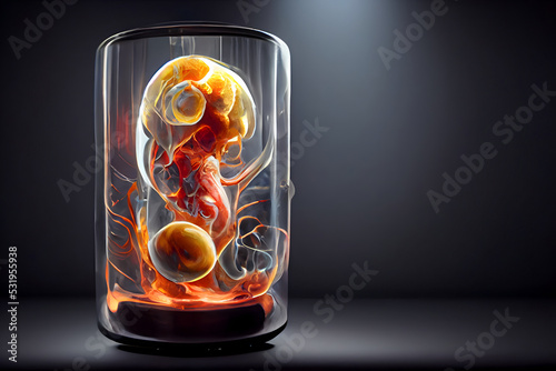 human baby embyo inside incubator breeding tank on gray background, ectogenesis concept, neural network generated art photo