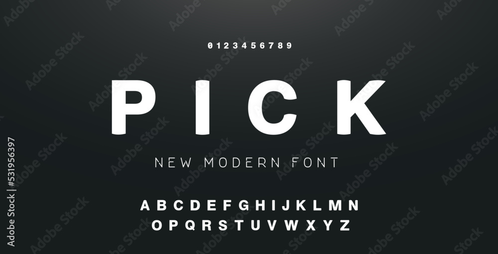 PICK Sports minimal tech font letter set. Luxury vector typeface for