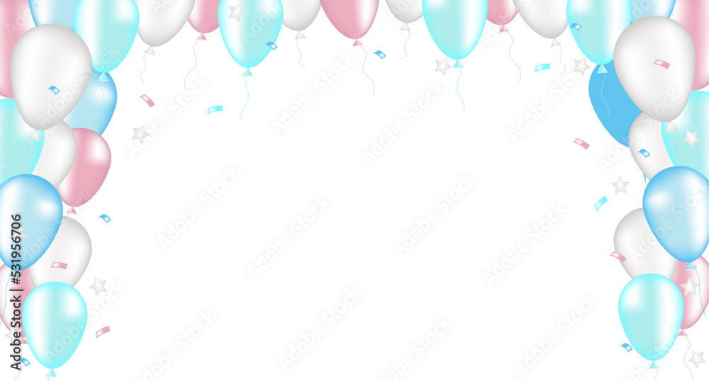 Balloon frame with confetti and serpentine. Vector illustration for card, party, design, flyer, poster, decor, banner