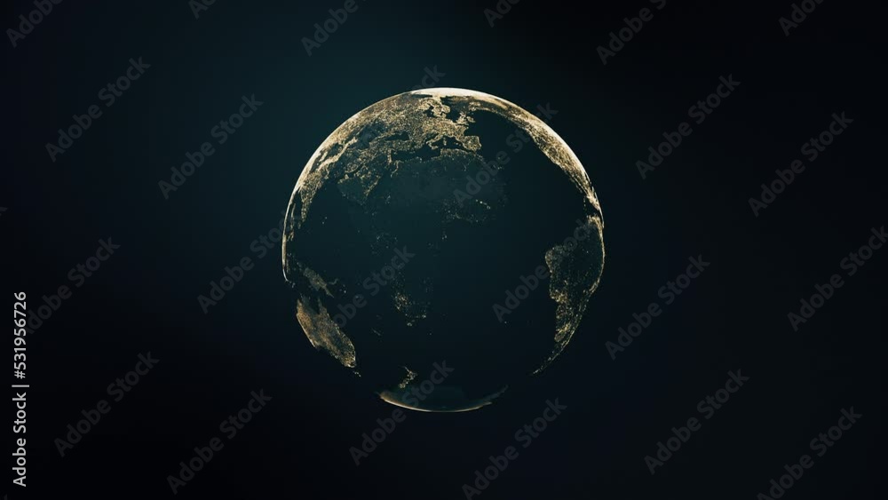 Animation of spinning globe of the Earth planet from golden particulars on dark background, 4K seamless loop earth globe animation