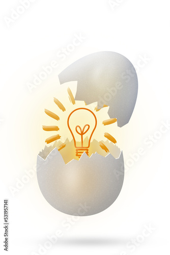 the birth of the idea of a burning light bulb in an eggshell, 3D illustration