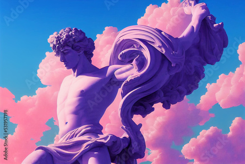 Greek god sculpture in retrowave city pop design, vaporwave style colors, 3d rendering