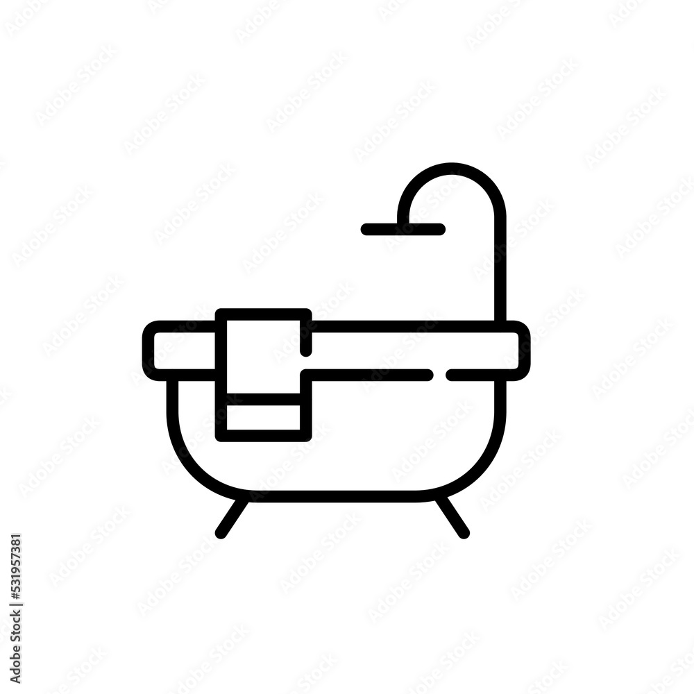Bath tub with towel and shower. Pixel perfect, editable stroke icon