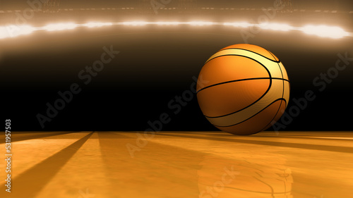 Basketball on the wooden texture court floor. Computer generated 3D render sports background with copy space for your titles or text photo
