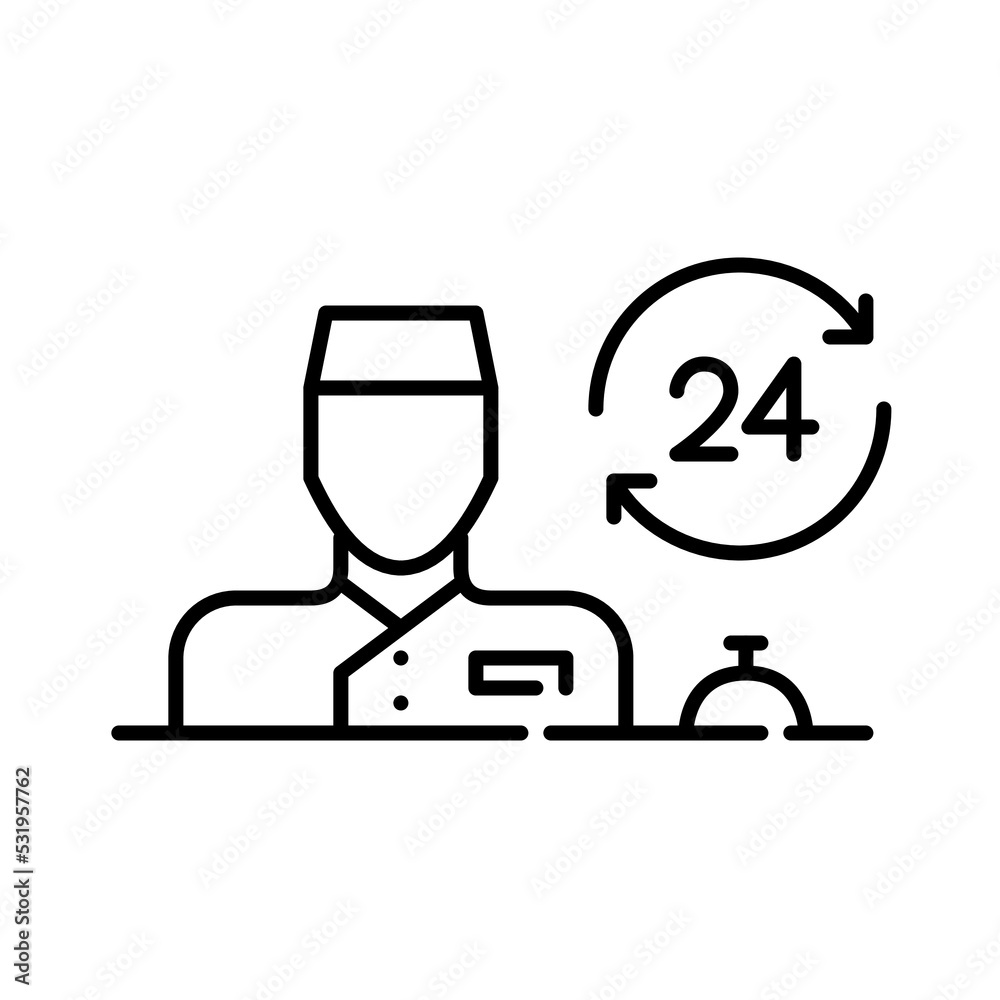 24 hour reception desk. Staff member and bell. Pixel perfect, editable stroke icon 24 hour reception desk. Staff member and bell. Pixel perfect, editable stroke icon
