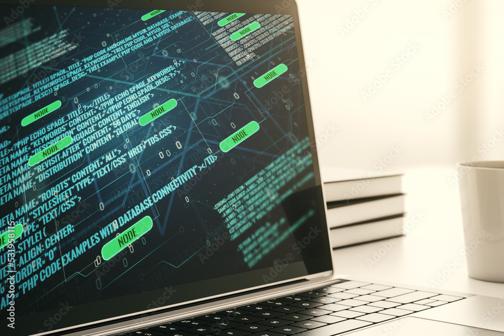 Modern computer screen with abstract graphic coding sketch, big data and networking concept. 3D Rendering Modern computer screen with abstract graphic coding sketch, big data and networking concept. 3D Rendering