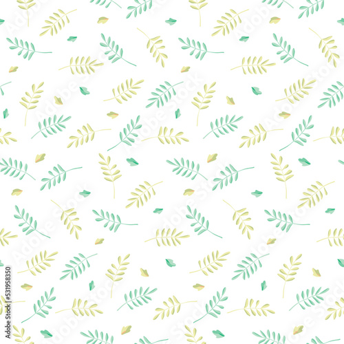 Green herbs seamless pattern. Leaves, wildflowers and berries. Vector illustration with different plants and branches on white background.