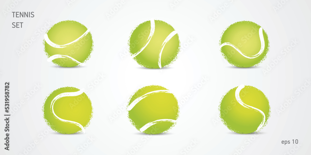 Tennis ball set, grunge hand drawn vector illustration