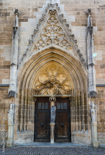 Main portal of the Heilig-Kreuz-Muenster (Holy Cross cathedral) Schwaebisch Gmuend. South German, Baden-Wuerttemberg, Germany, Europe