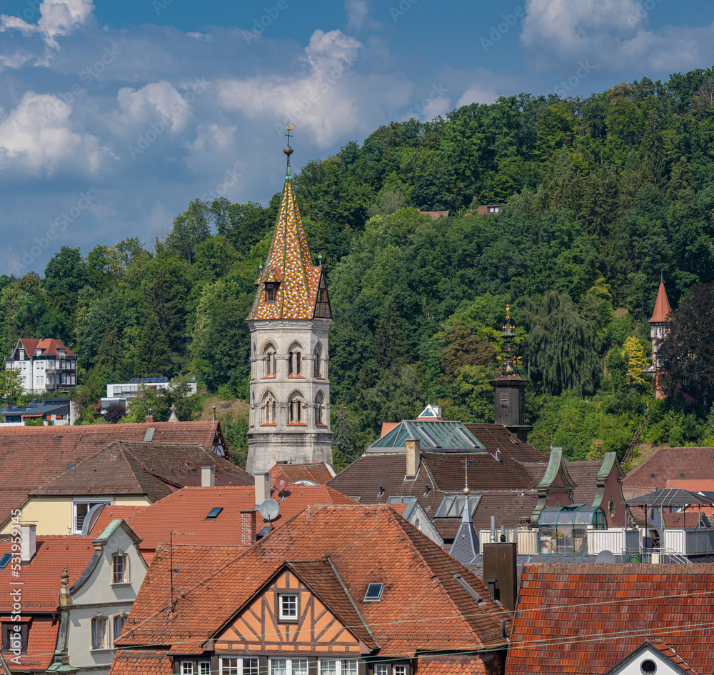 Fototapeta premium The belfry of the St. John‘s Church (St. Johanniskirche), late romantic era, Schwaebisch Gmuend, Baden-Wuerttemberg, Germany, Europe