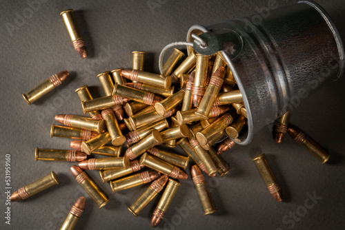 Rimfire cartridges scattered from a tin can. .22lr pest control. Top view, © Show_low