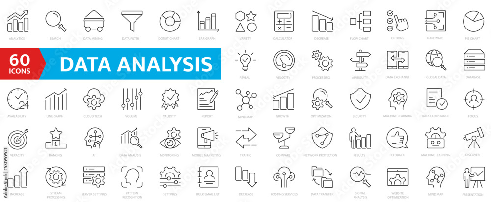 Data analysis icon set. Graphs, statistics, analytics, analysis, big data, growth, chart, research, UI, UX, GUI and more line icon. - obrazy, fototapety, plakaty 