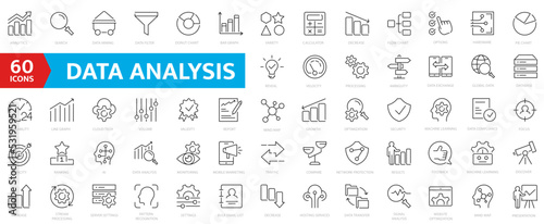 Data analysis icon set. Graphs, statistics, analytics, analysis, big data, growth, chart, research, UI, UX, GUI and more line icon.