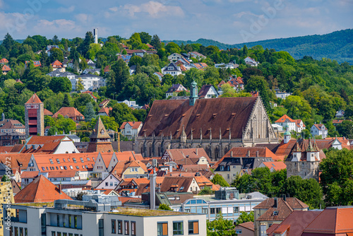 Panoramic view over Schwäbisch Gmünd with Five button tower (Fünfknopfturm), King tower (Königsturm), Holy Cross cathedral (Heilig-Kreuz-Muenster). Baden Wuerttemberg, Germany, Europe photo