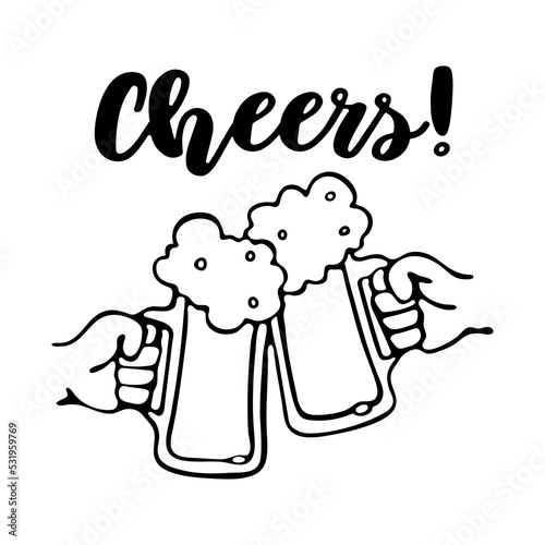 Two hands toasting beer mugs. Cheers text. Clinking glass tankards full of beer with foam. Black outline doodle isolated on white background. Octoberfest Vector Illustration Cheer Beer Toasting