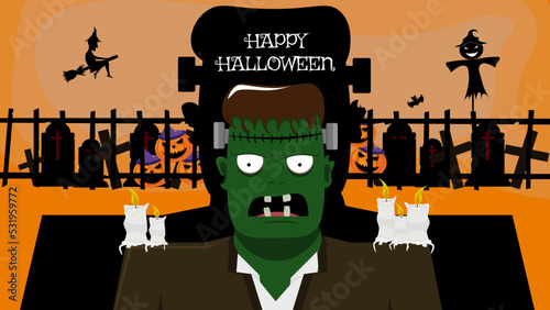 Halloween banner design with Frankenstein. Happy Halloween concept design with Frankenstein face, witch, pumpkins, graves, bat and firing candles. Orange background cartoon.