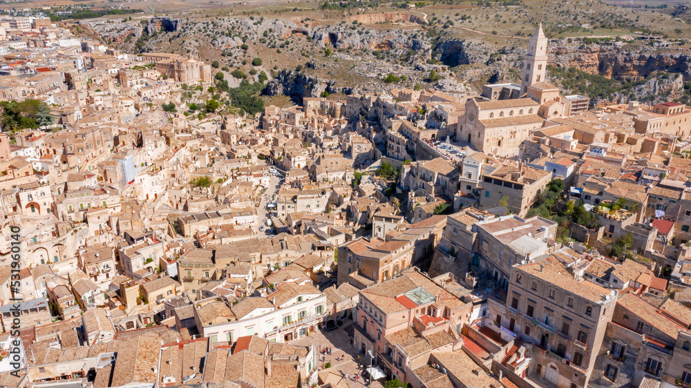 Aerial view of Cathedral of Madonna della Bruna and Sant'Eustachio located in Matera, Basilicata, Italy. It's the main Catholic place in the city. The church was built in the Apulian Romanesque style