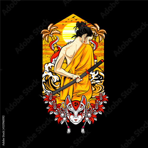 japanese samurai girl with awesome background illustration