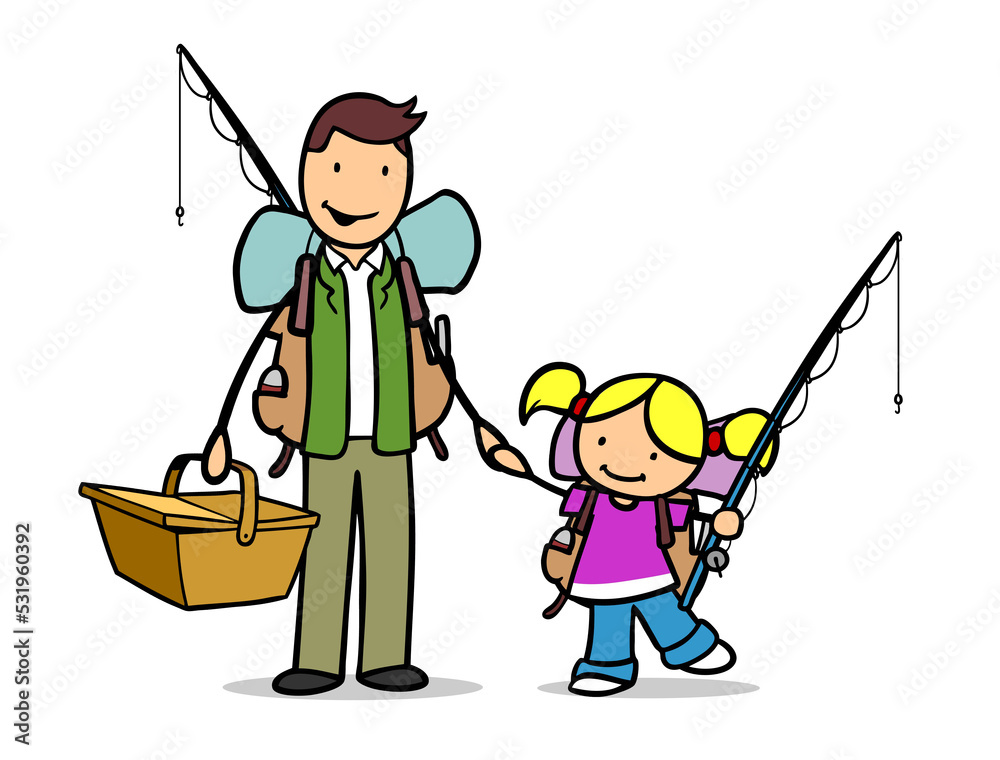 Single Father And Daughter Go Fishing Stock Illustration 