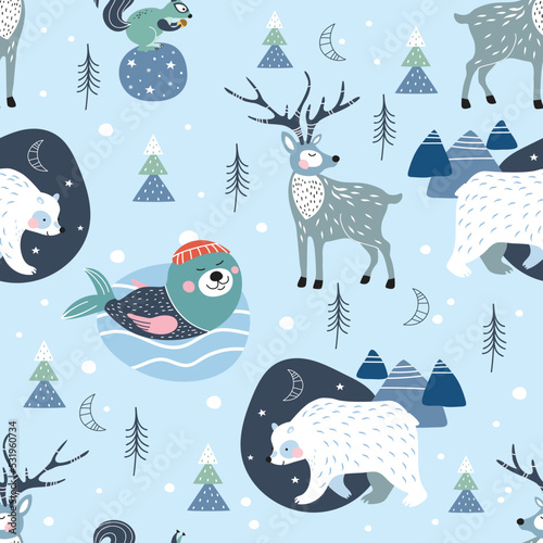 Seamless pattern with a squirrel, bear, walrus and deer. Children's illustration.