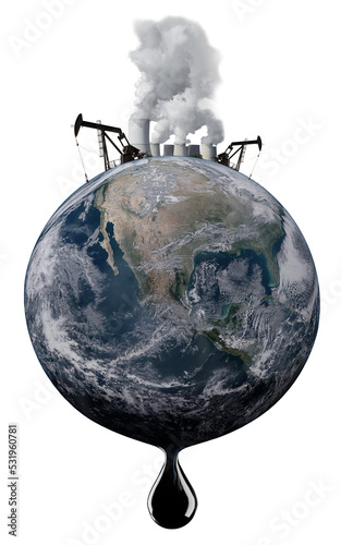 Fototapeta Naklejka Na Ścianę i Meble -  Pollution of the planet earth. Oil production, pipes with smoke, a drop of oil. The end of oil reserves. Environmental pollution and global warming concept
