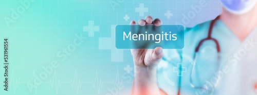 Meningitis. Doctor holds virtual card in hand. Medicine digital