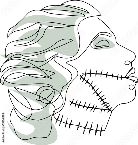Minimalistic single line illustration. Profile of a girl with Bride of Frankenstein makeup. Halloween themed continuous line portrait. Simple hand-drawn sketch. Vector silhouette on white background