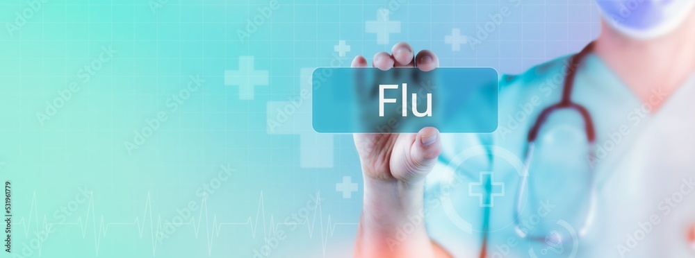 Flu (influenca). Doctor holds virtual card in hand. Medicine digital Flu (influenca). Doctor holds virtual card in hand. Medicine digital