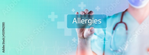 Allergies. Doctor holds virtual card in hand. Medicine digital