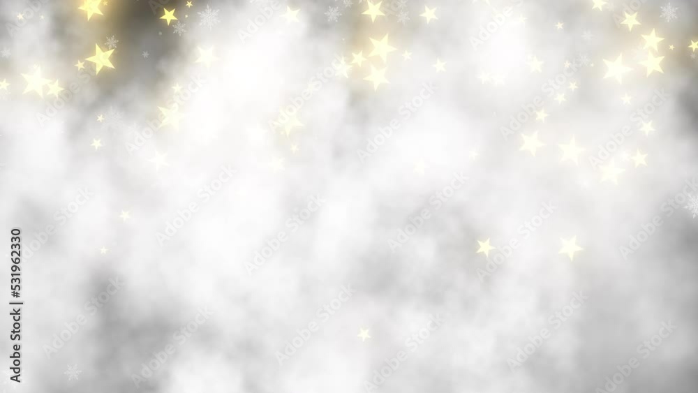 Falling gold stars and white snowflakes through clouds on black background. Merry Christmas and happy new year. Happy Holidays. Falling gold stars and white snowflakes through clouds on black background. Merry Christmas and happy new year. Happy Holidays.