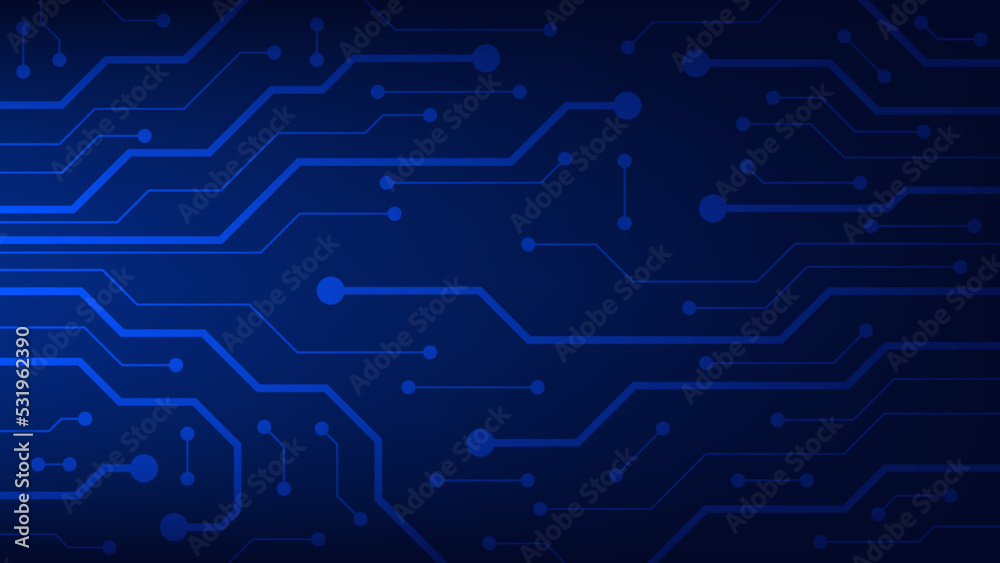 Hi-tech digital circuit board. AI pad and electrical technology lines on blue lighting background 