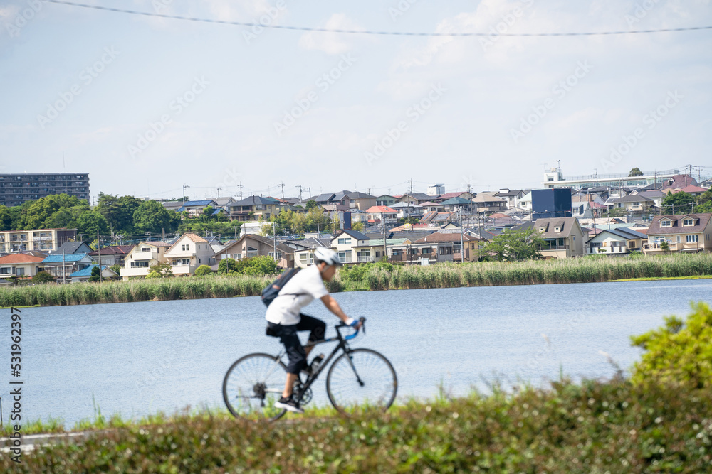 手賀沼と夏空を背景にサイクリングロードを走る自転車