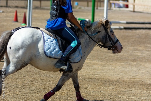Little girl that rides a white pony during Pony Game competition at the Equestrian School © daniele russo
