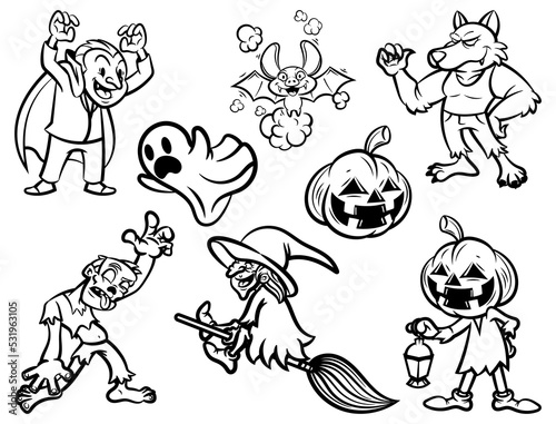 Group of mythical creatures, witch, vampire, bat, werewolf, jack o lantern, ghost, pumpkin face, and zombie, best for wallpaper, background, pattern, and coloring book with halloween themes
