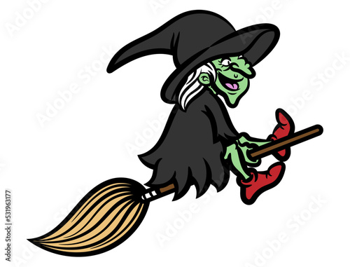 Cartoon illustration of witch wearing hat and ugly dress, flying using a broomstick, best for mascot, logo, and sticker with halloween themes for kids