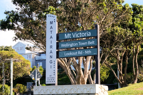 Signpost for Mt Victoria and Matairangi in Wellington, New Zealand Aotearoa, a popular spot for visitors to see panoramic views of the capital from lookout photo