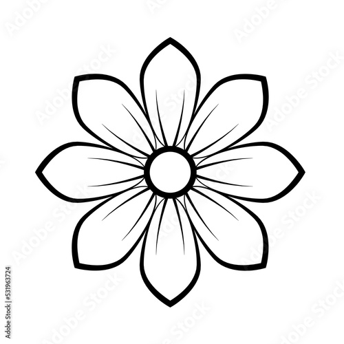 Black line art flower icon illustration, flower head outline decoration.