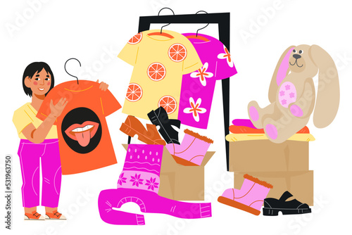 Child packing used clothing and footwear for donation and charity event, flat vector illustration isolated on background. Child donating old clothing, footwear and toys. Garage sale, donation.