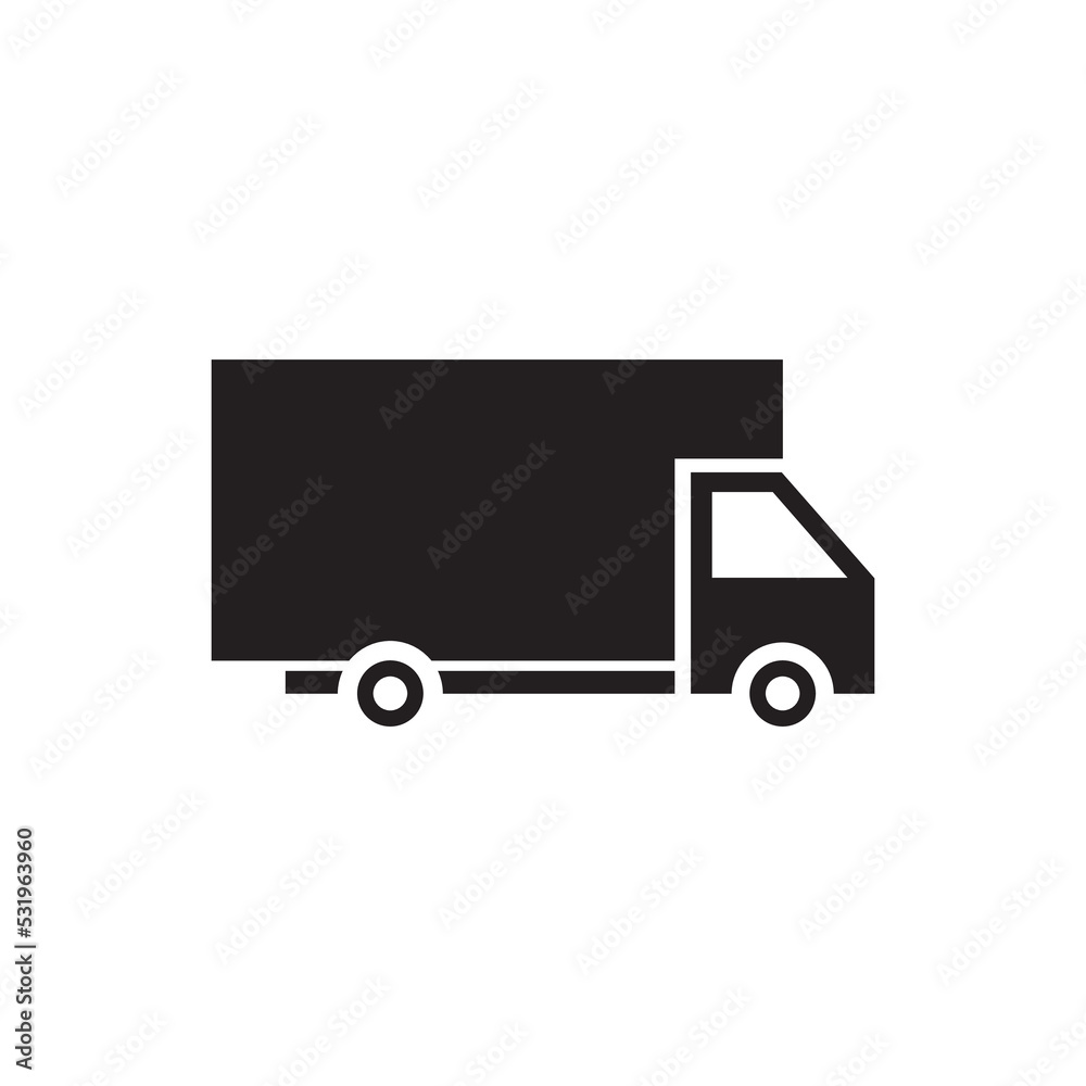Free home delivery sticker. Vector icon of a flat red cargo truck, online store icon, promo sticker Free home delivery sticker. Vector icon of a flat red cargo truck, online store icon, promo sticker