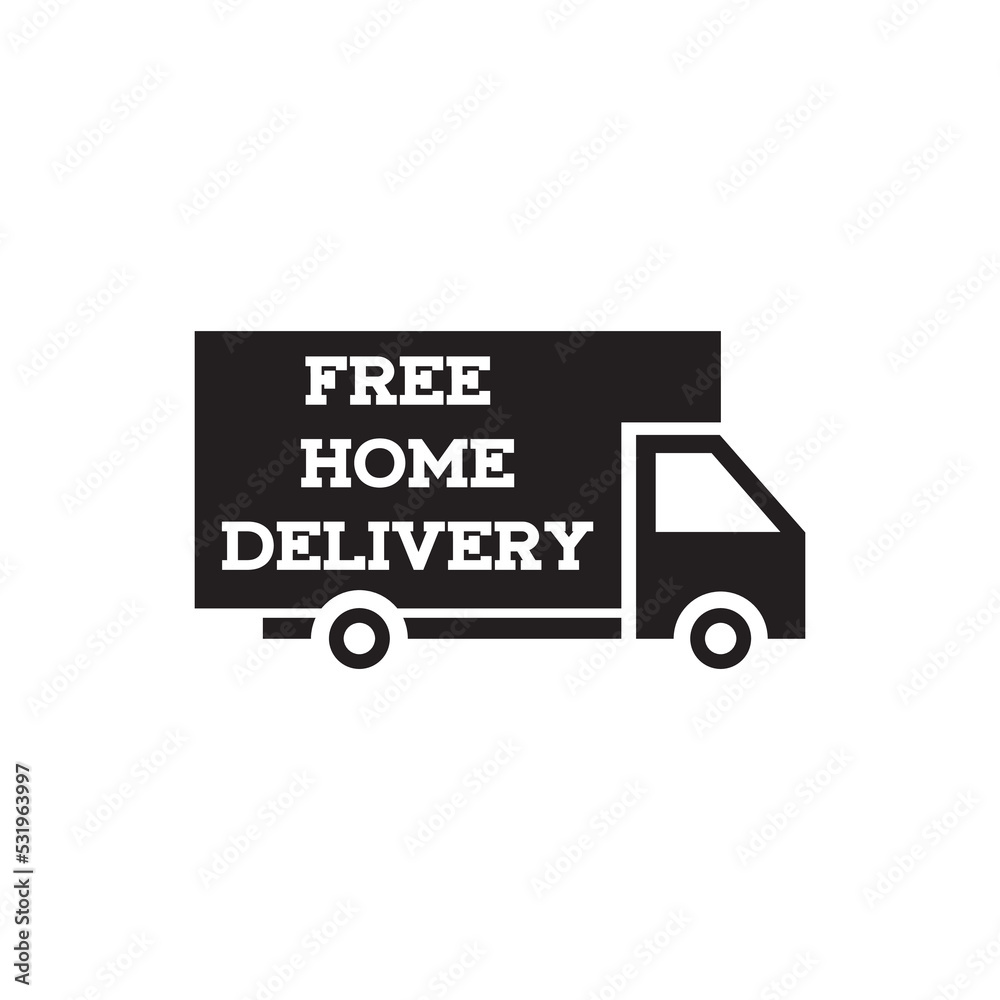 Free home delivery sticker. Vector icon of a flat red cargo truck, online store icon, promo sticker Free home delivery sticker. Vector icon of a flat red cargo truck, online store icon, promo sticker